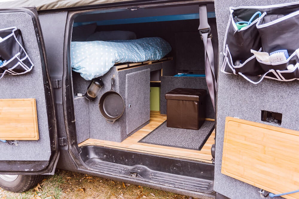 interior of a van set up for full time living