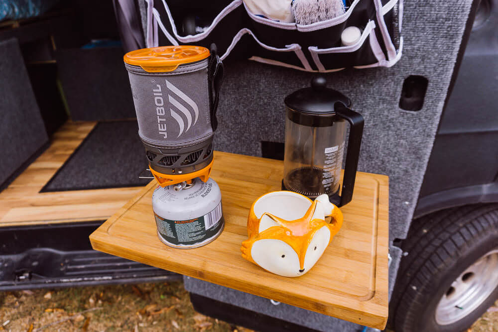 french press coffee in a diy camper van conversion