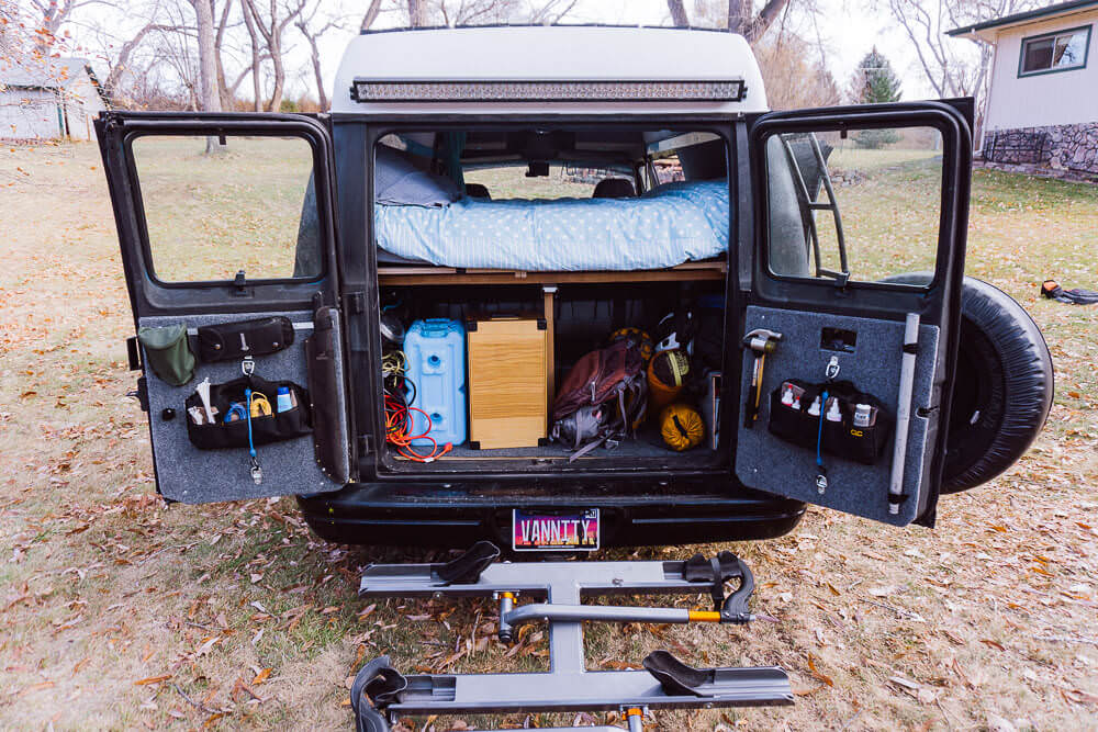 back of a camper van set up for full time van life