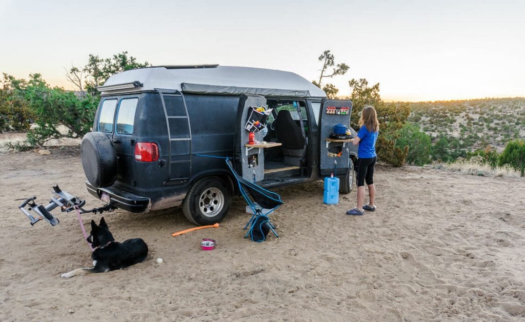 cooking a meal in a camper van conversion that we live in full time