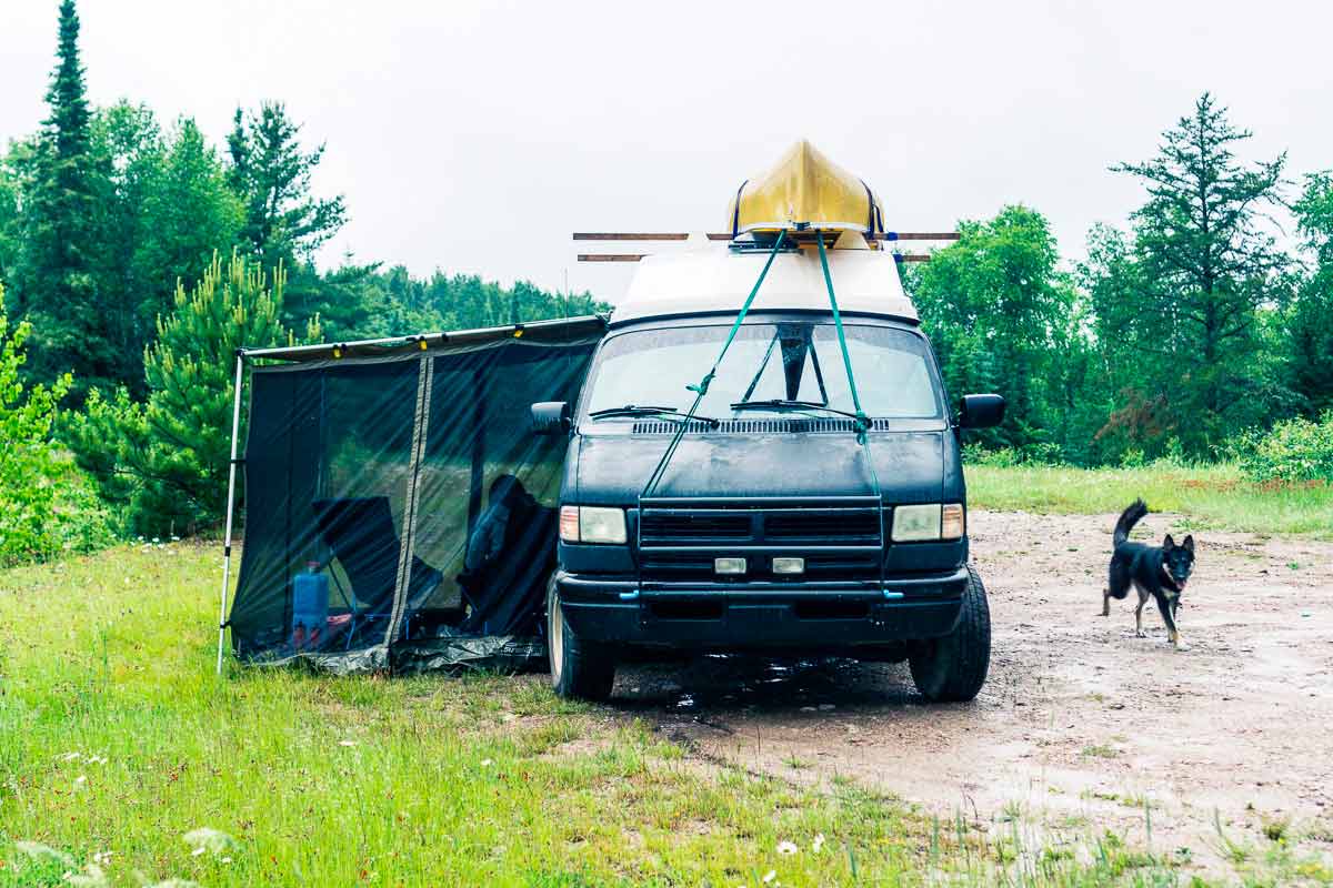 Keeping bugs out of a campervan while on a canoe trip
