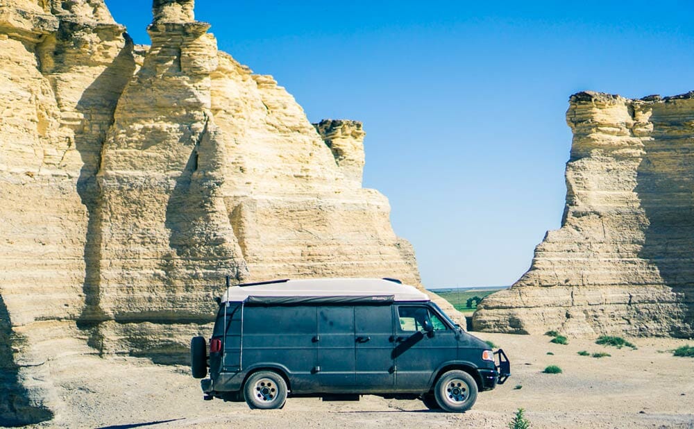 van living next to Monument Rocks in kansas