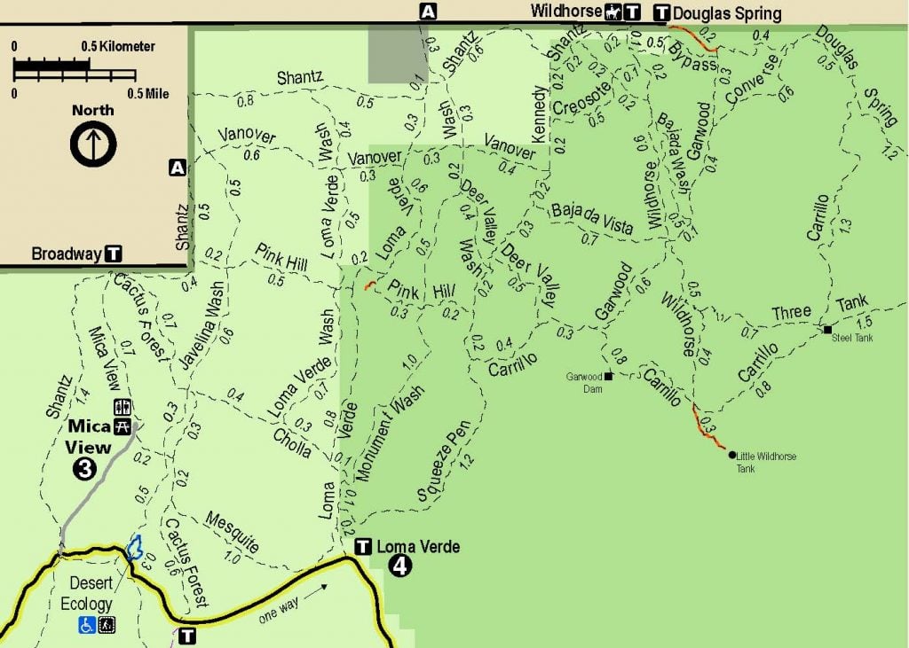 Rincon Mountain District in Saguaro National Park detailed trail map