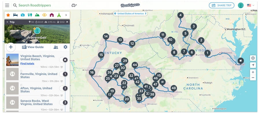 camping map available on roadtripper.com