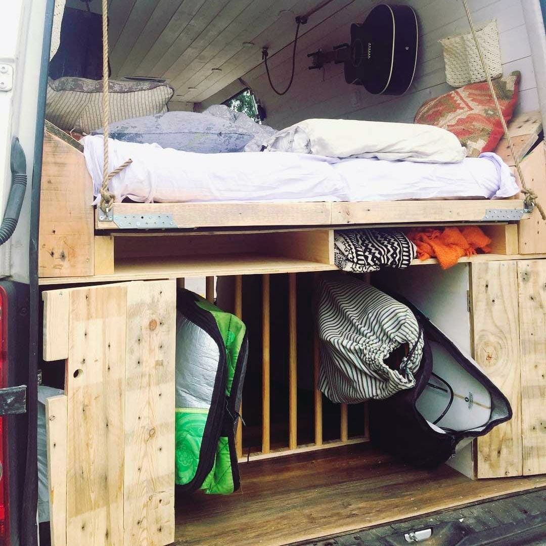 diy platform bed design that swings out in a campervan conversion build
