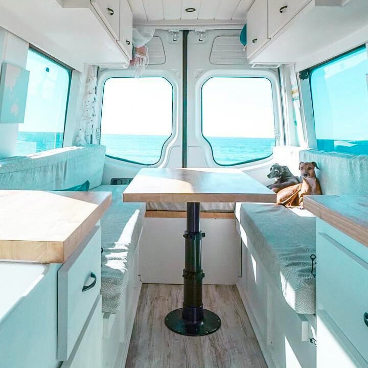 telescoping table top and bed design ideas in a diy camper van conversion build