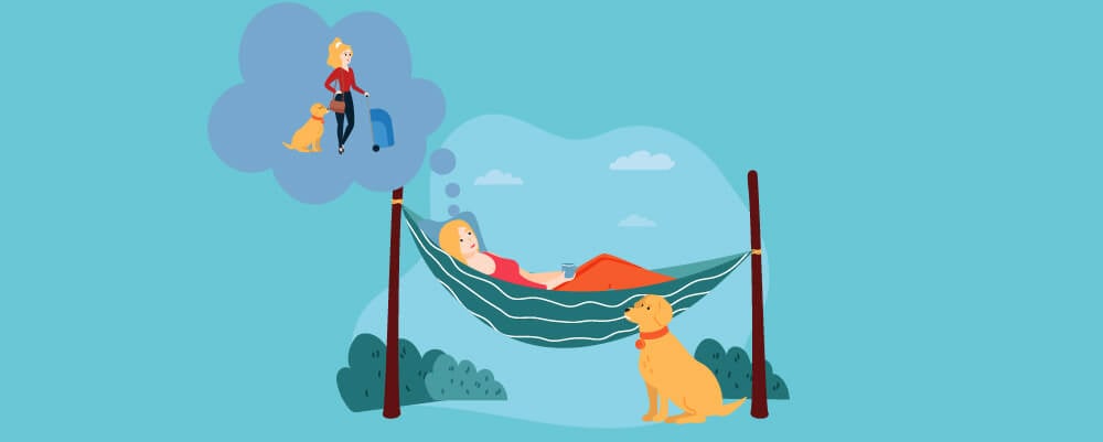 A girl lying down on a hammock think of travelling with her dog 