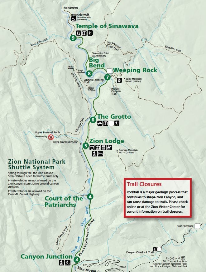 map of the angel's landing shuttle stop and parking lot at the grotto