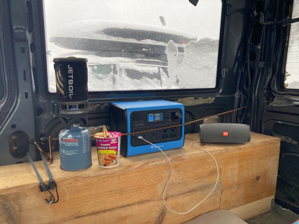 Bluetti EB55 solar powered generator in a camper van conversion