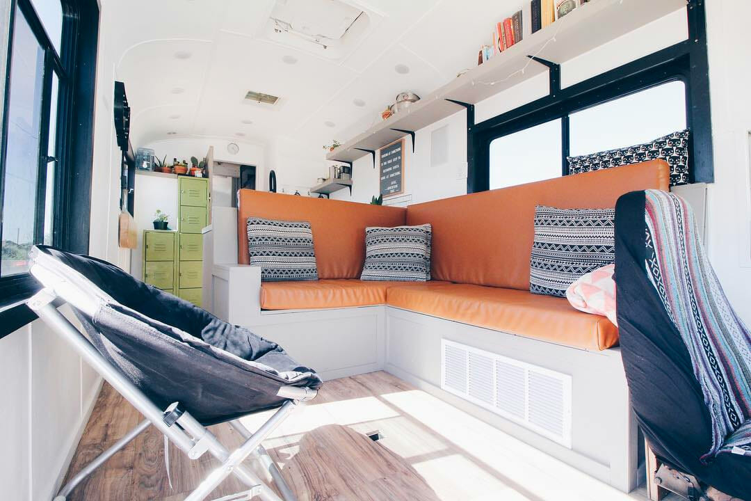 cool layout in a diy skoolie bus conversion