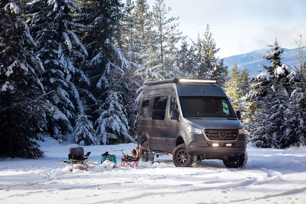 snow camping in a mercedes sprinter camper van conversion by outside van in portland oregon