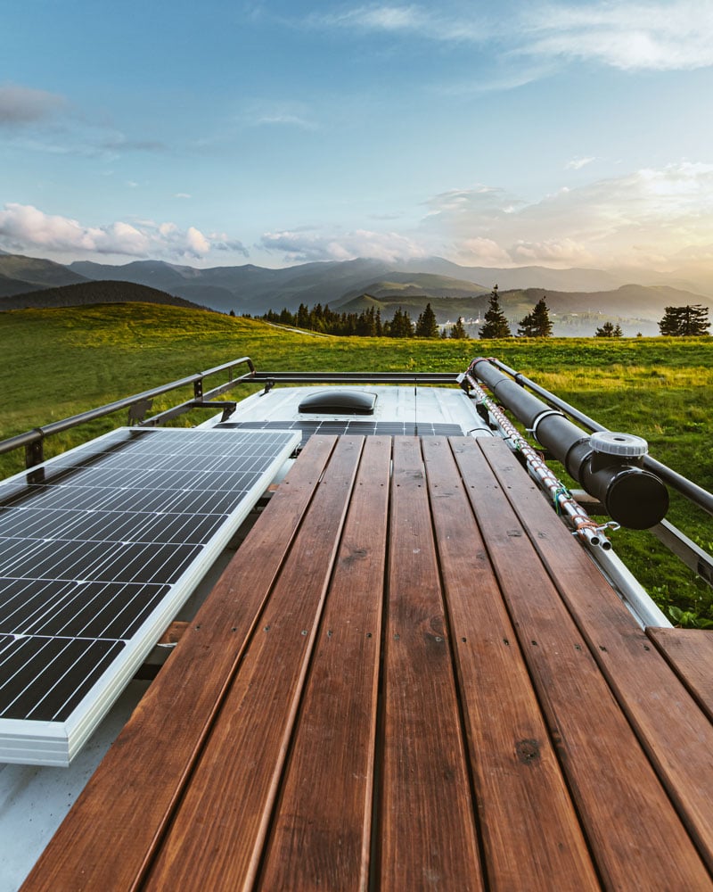 solar panels on top of a camper van conversion