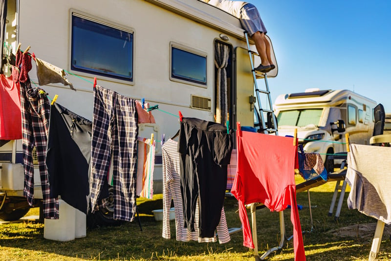 rv motorhome with an rv washer dryer for laundry