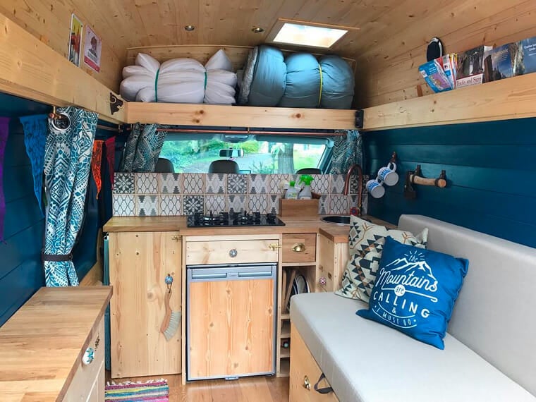 camper kitchen set up in a DIY conversion build