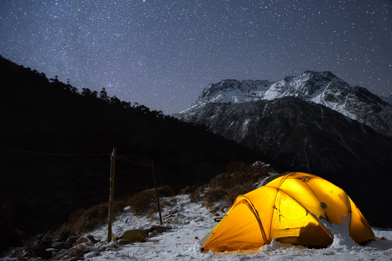 Camping in the snow in the mountains