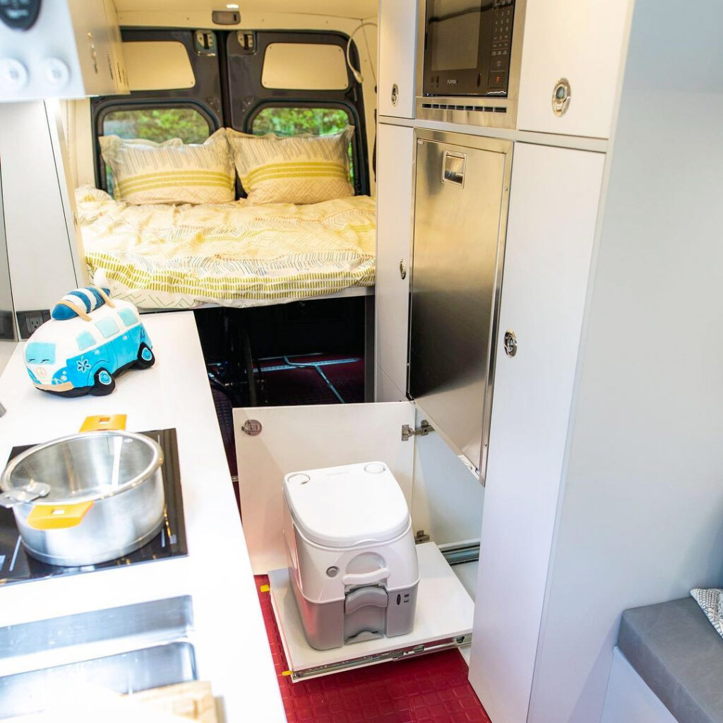 cassette toilet in a camper van bathroom