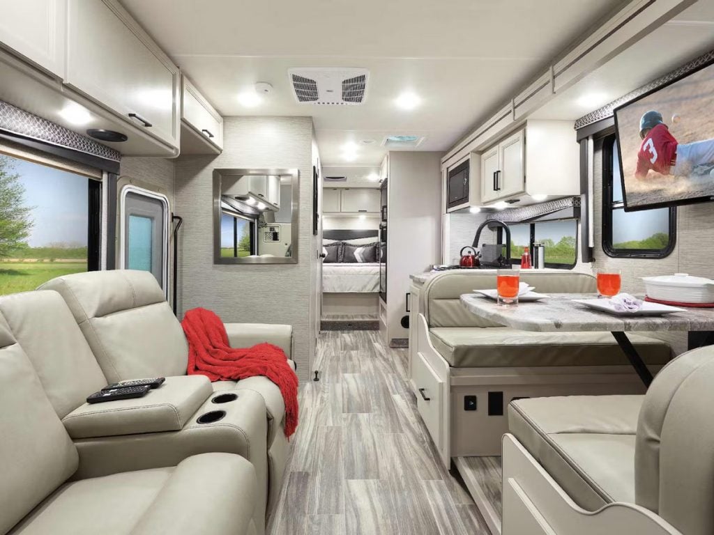 thor four winds class c motorhome interior with modern furniture installed