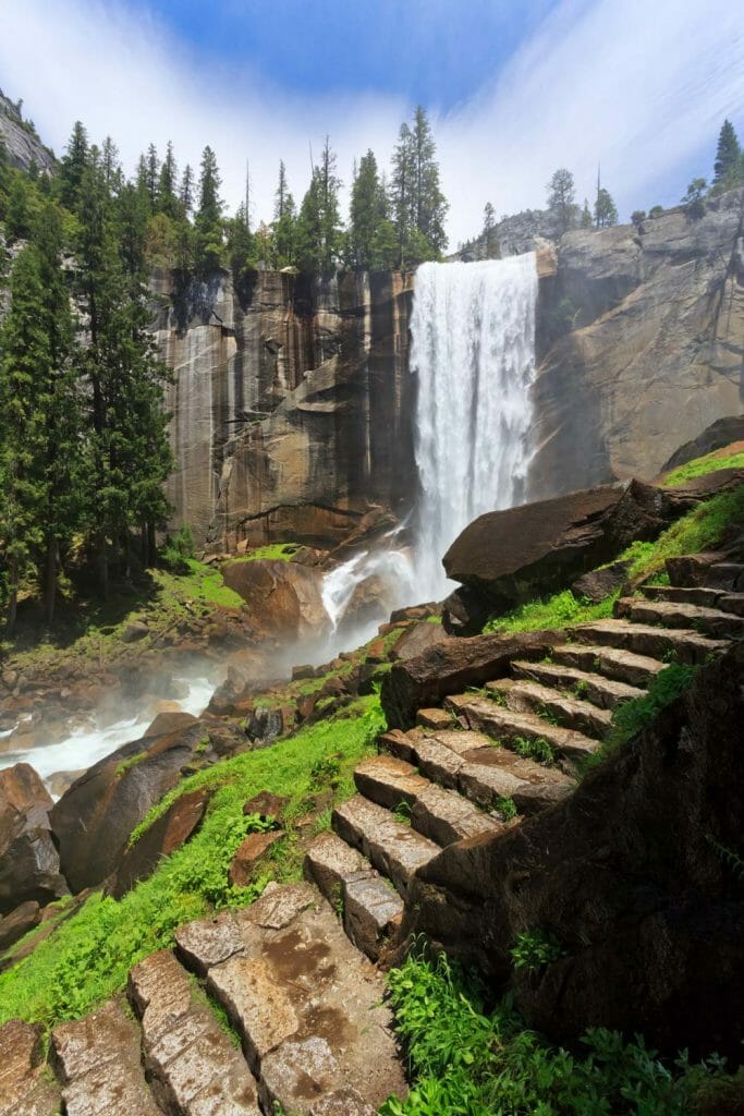 Climbing up to the Vernal Fall footbridge in Yosemite National Park