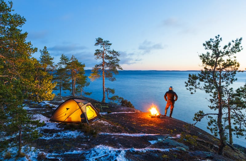 Cold weather tent camping in an adventure travel destination