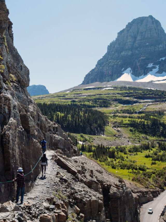 hiking along the highline trail in glacier national park