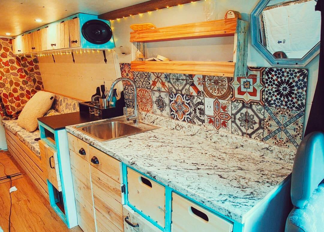 colorful diy camper van conversion kitchen ideas