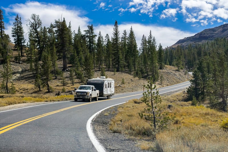 driving a 5th wheel travel trailer to go boondocking in a national forest