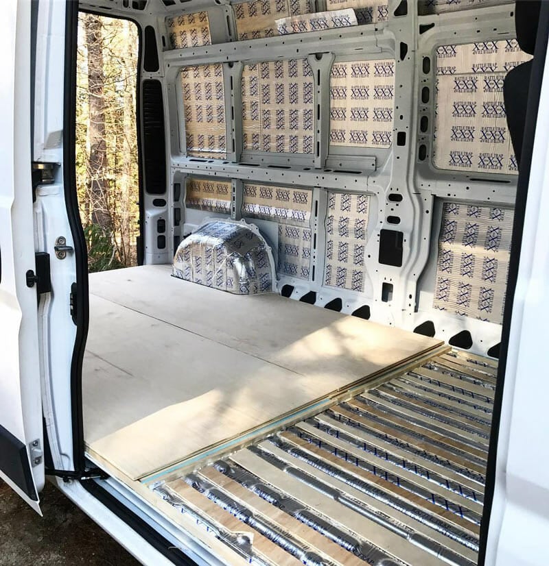 installing fatmat sound deadener in a DIY campervan conversion