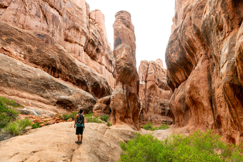 hiking in the firey furnace area in arches national park