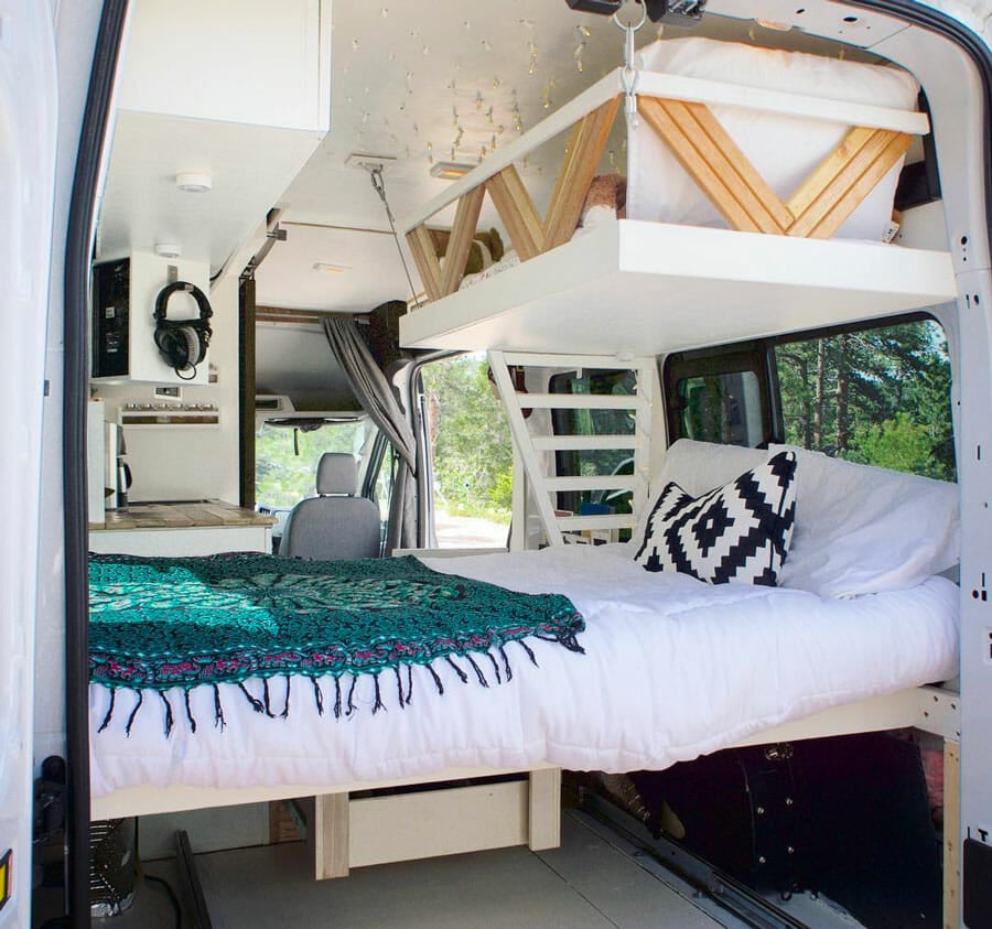 Van interior bed design that fits three people