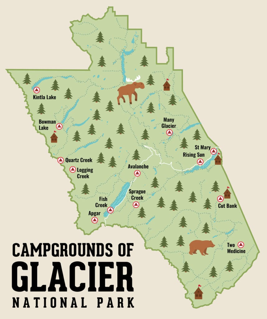 campgrounds and campsite location map of glacier national park montana