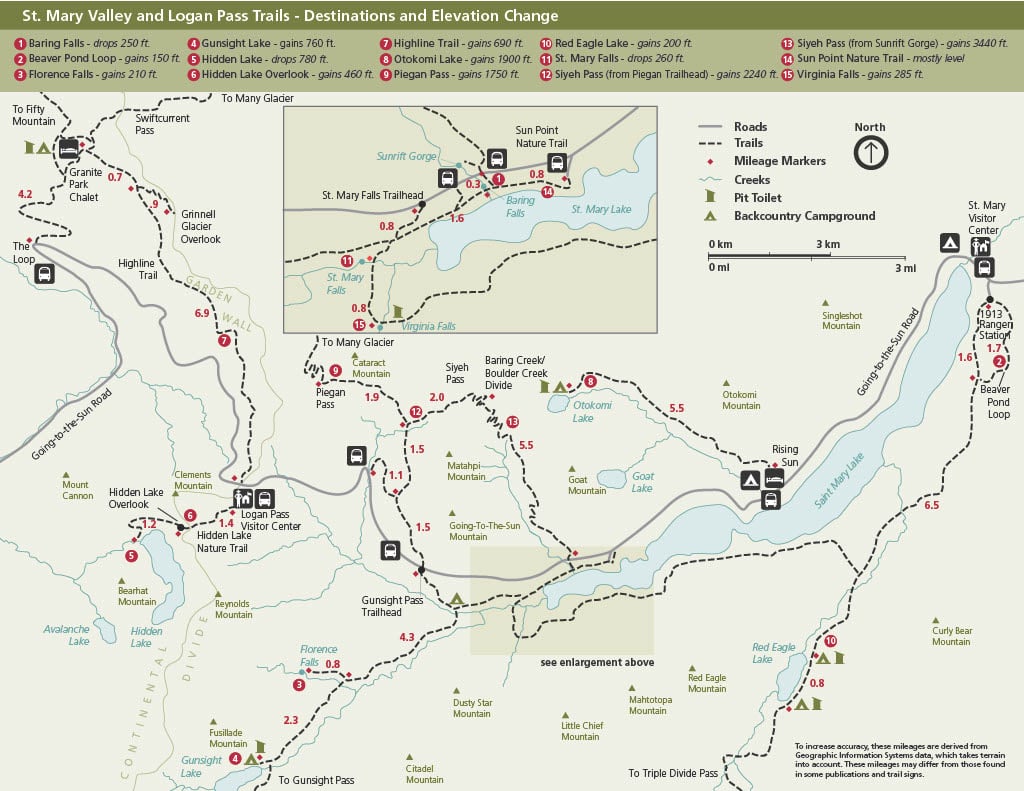 st mary valley and logan pass hiking map in glacier national park montana