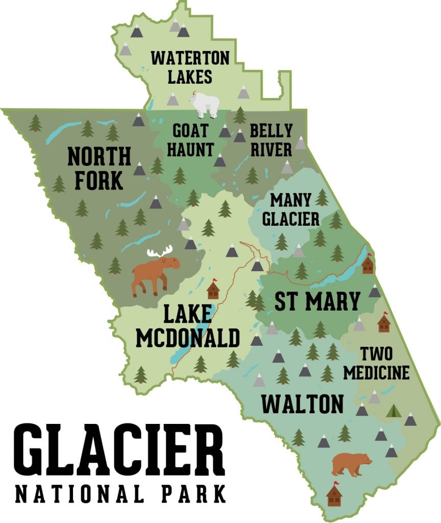 map of areas and sections within glacier national park including waterton lakes, north fork, goat haunt, belly river, lake mcdonald, many glacier, st mary, walton, and two medicine