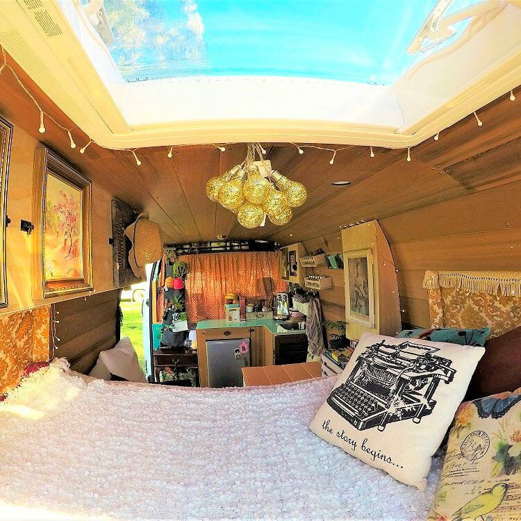 van life interior design build with a skylight