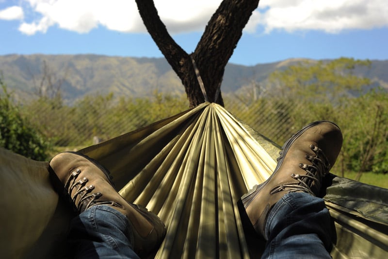 laying in a hammock with a bug net for protection