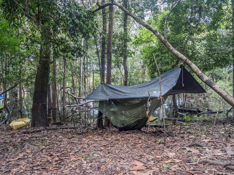 hammock camping in the jungle with a bug net and rain fly
