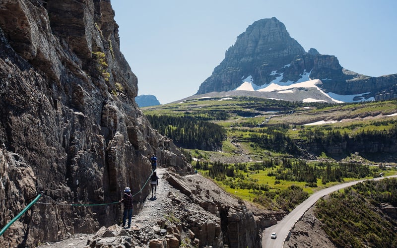 hiking along the highline trail in glacier national park