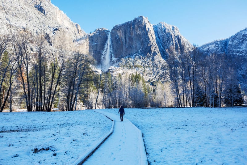 hiking the valley of yosemite national park in winter