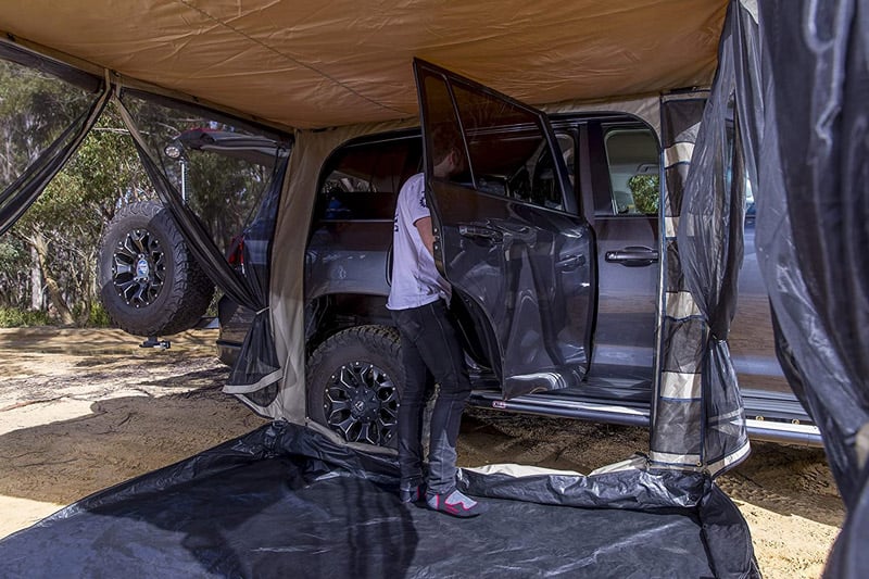 overland camping in a jeep wrangler with an awning