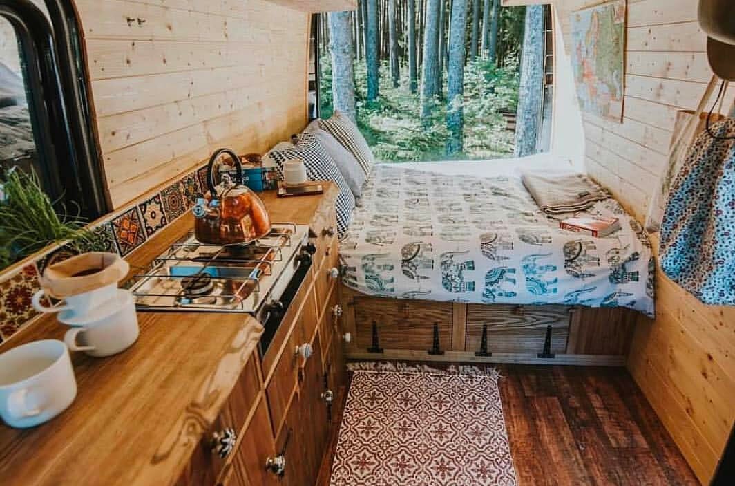 Rustic reclaimed wood in a DIY camper conversion