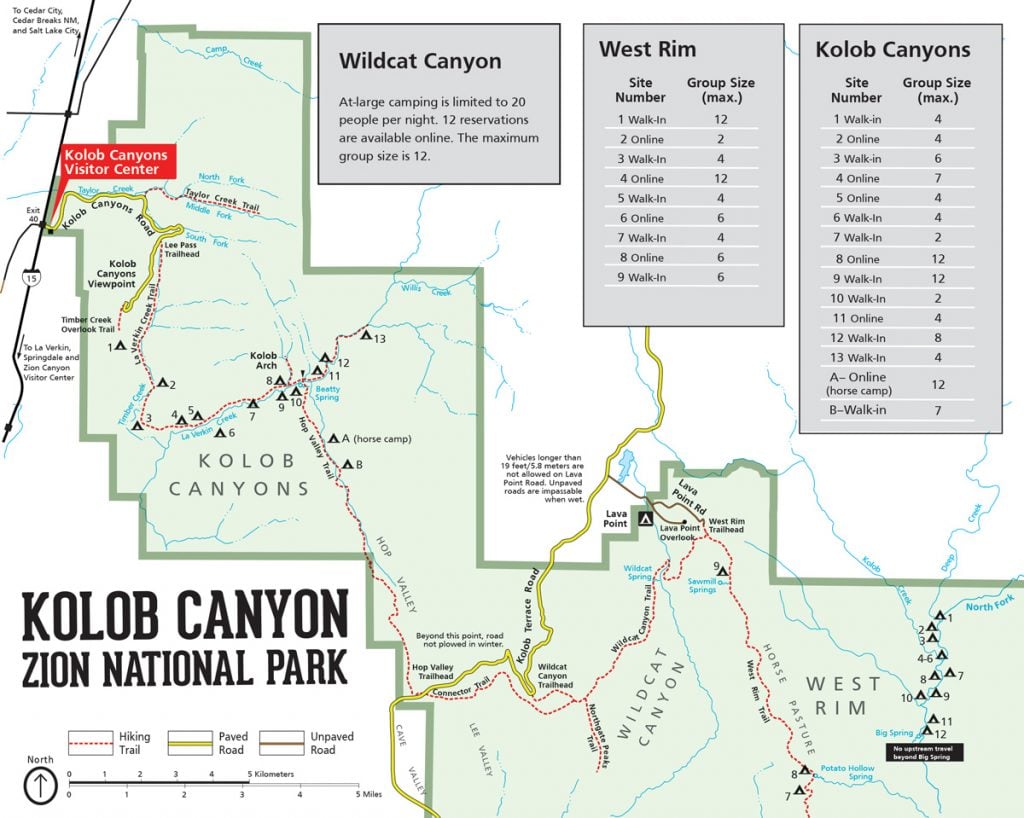 map of kolob canyons hiking trails, scenic drives, and campgrounds in zion national park