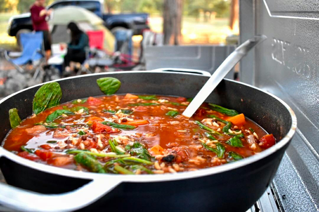 cooking at a campsite kitchen