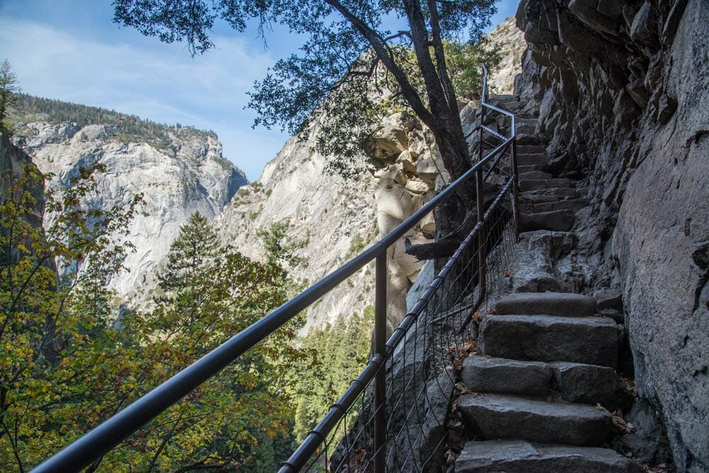Climbing steps to the top of the Mist Trail, Yosemite National Park