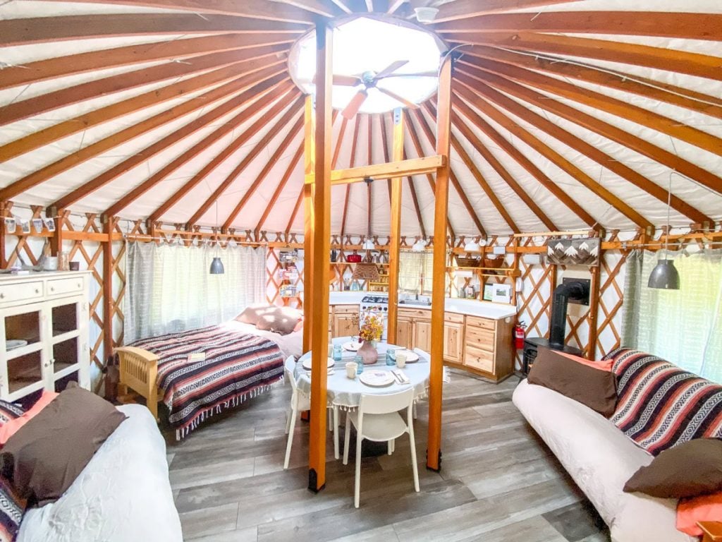 kitchen in bedroom in a mountain yurt for glamping