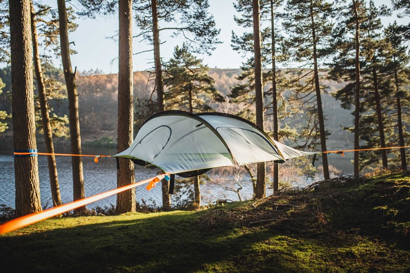 Multi-point tentsile tree tent suspended in the forest