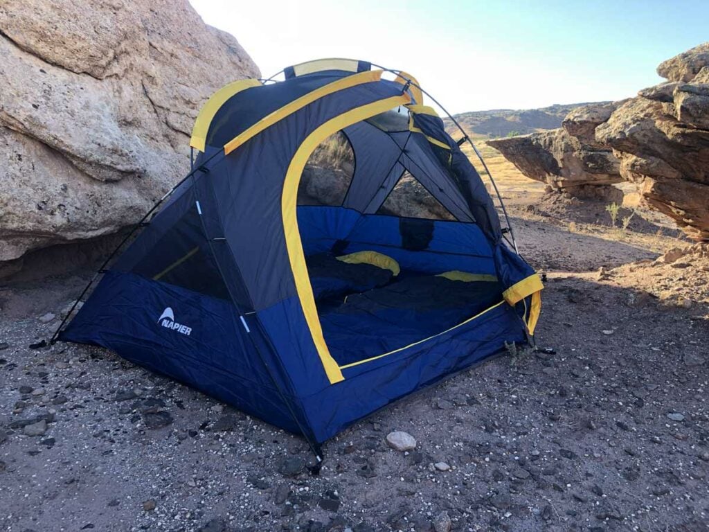 napier camping tent assembled in the desert