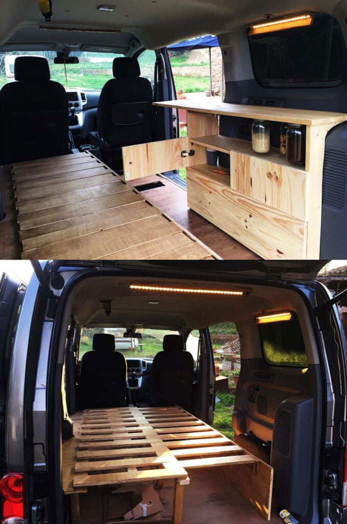 van life in a Nissan NV200 camper van with a bed and kitchen