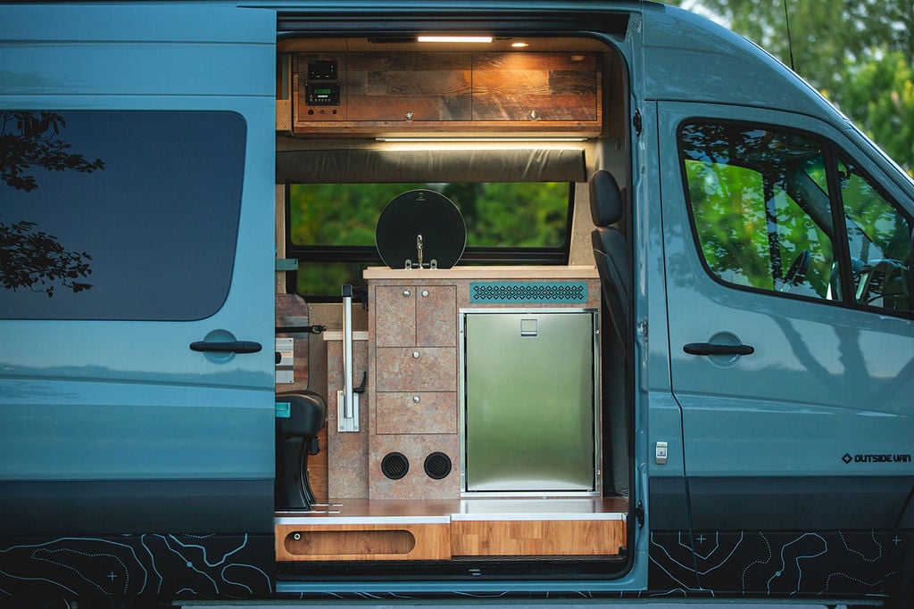 kitchen in an outside van camper conversion