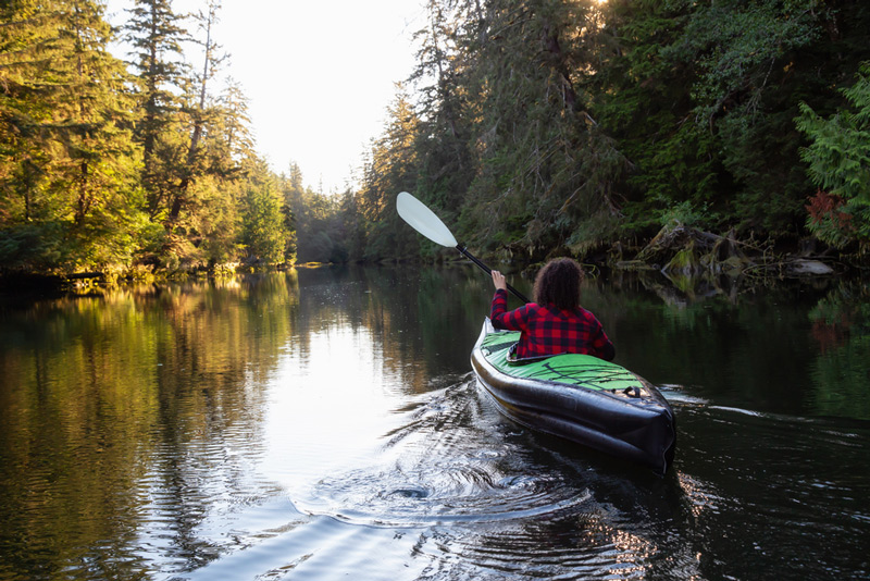 paddling an inflatable kayak in a calm lake