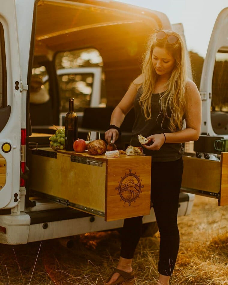 camping kitchen in the back of a diy camper conversion build