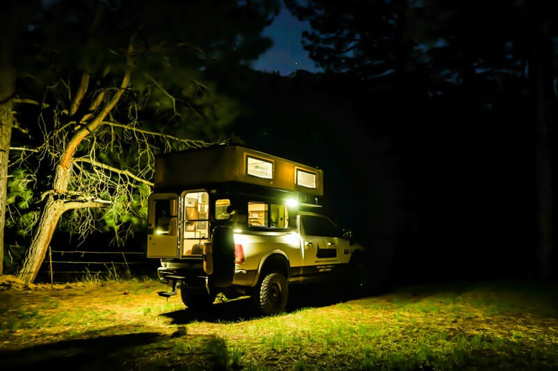 pop up truck camper at night